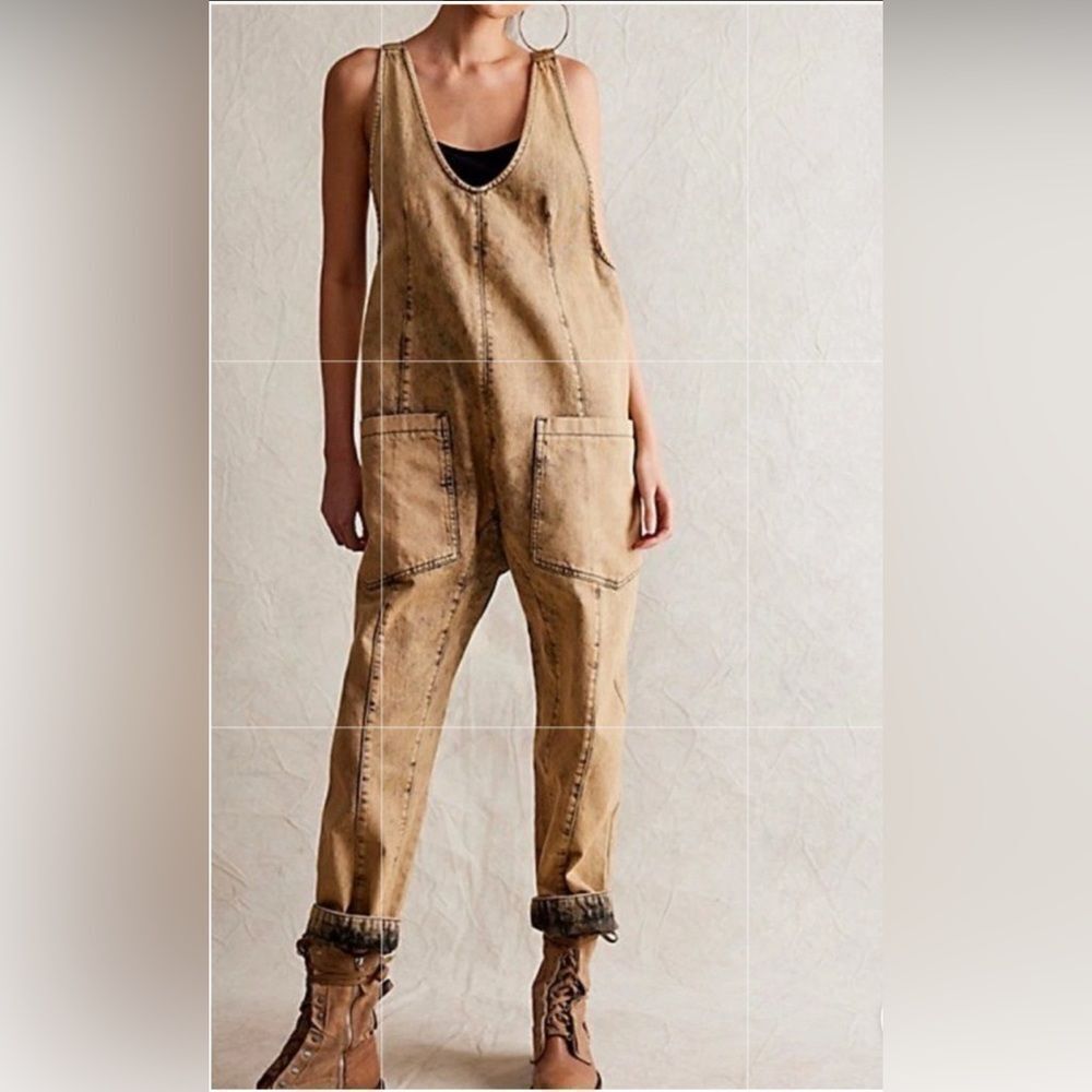 WE THE FREE People HIGH ROLLER Cotton Denim Moss Stone Jumpsuit(Size Small)